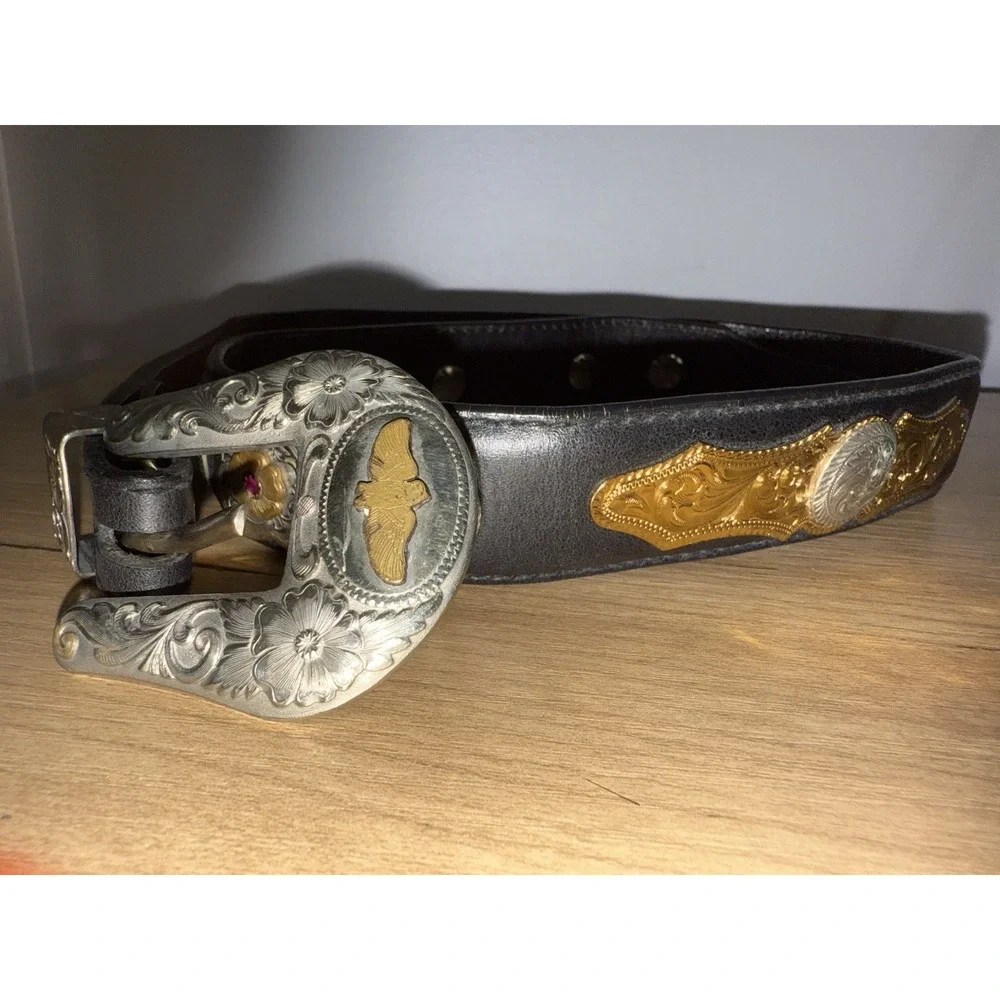 Western Cowgirl Black Leather‎ Belt Concho Heart German Silver Big Al's 38